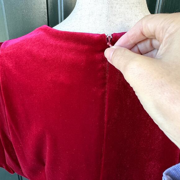 DKNY Red Velvet Surplice Neckline Puff Sleeves Dress Sz 12 Holiday Event Party - Picture 5 of 7